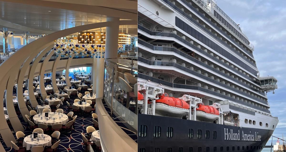 La vaste salle de restauration du Rotterdam, dernier né de la flotte Holland America Line et ses différents espaces de repas. Escale au port du Havre avant la mythique traversée transatlantique 