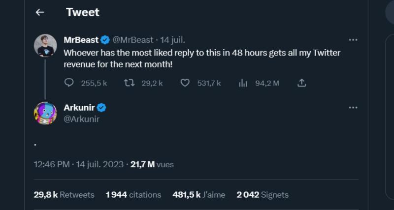  - Avec un ".", Arkunir remporte le défi de MrBeast sur Twitter