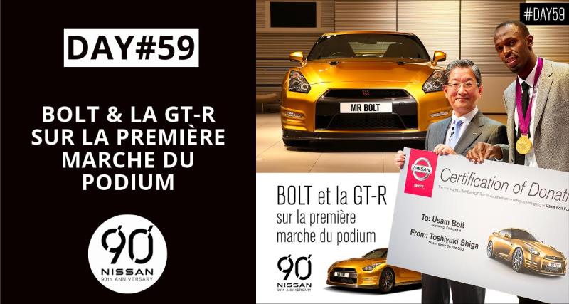  - Usain Bolt et la Nissan GT-R sur la première marche du podium