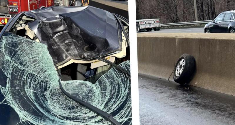  - Une roue en fuite d'une voiture explose complètement le pare-brise d'une automobiliste