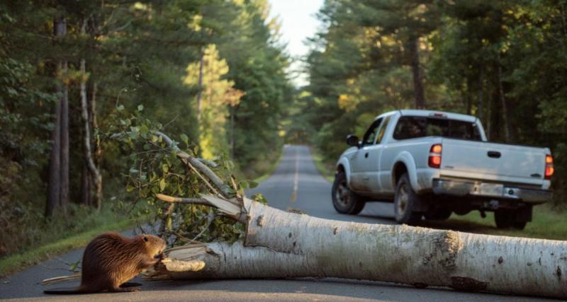  - Un conducteur voit tomber un arbre devant lui sur la route... Un castor est à l'origine