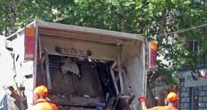 Il oublie le frein à main de son camion poubelle, qui file droit détruire tout seul la terrasse d'un café