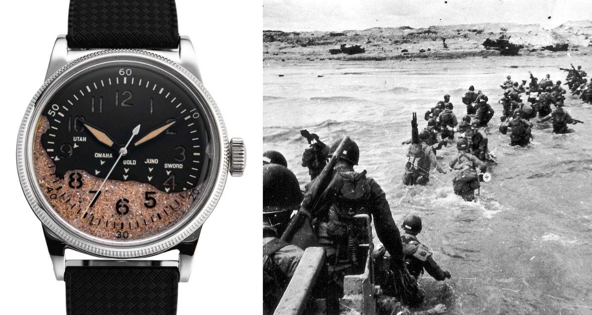 La forme du cadran de cette montre dérivée de l'A-11 de l'armée américaine qui équipait les soldats en 1944, reprend le tracé du littoral des plages du Débarquement. Le sable provient d'Utah Beach.
