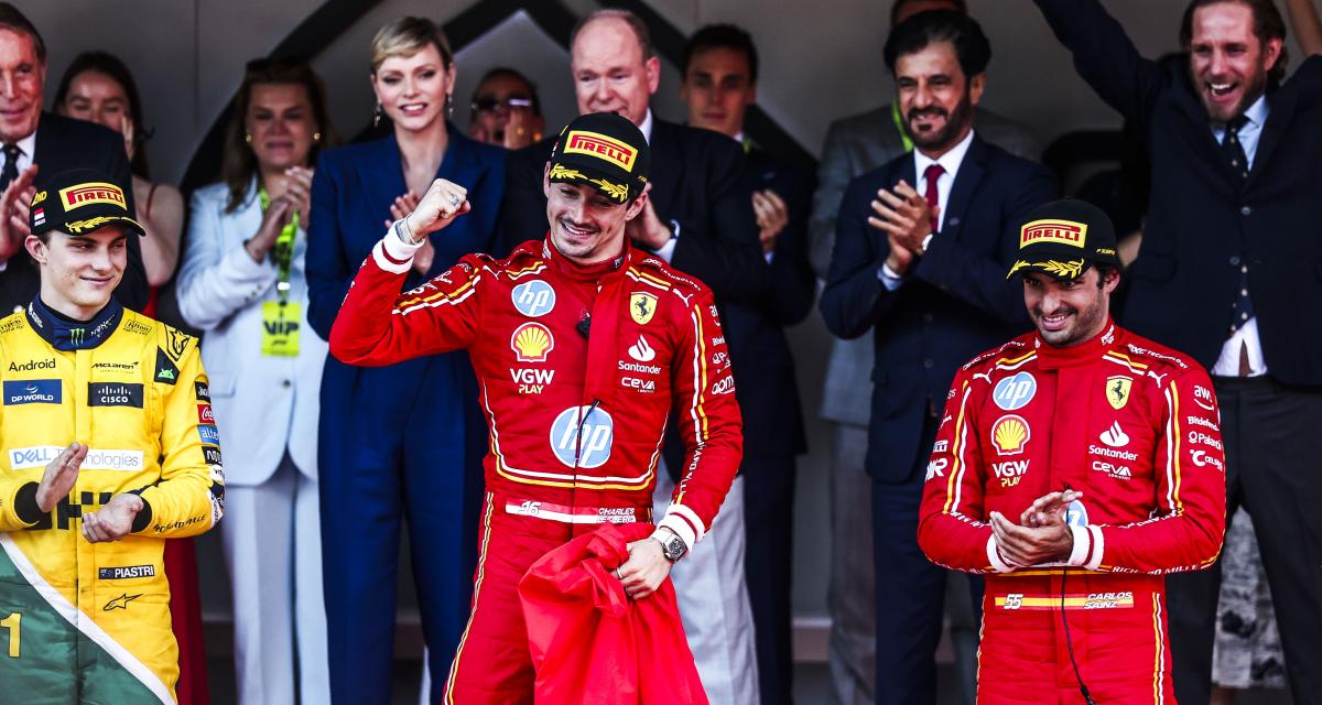 Charles Leclerc (Ferrari), vainqueur du GP de Monaco 2024 devant Oscar Piastri (McLaren) et Carlos Sainz (Ferrari)