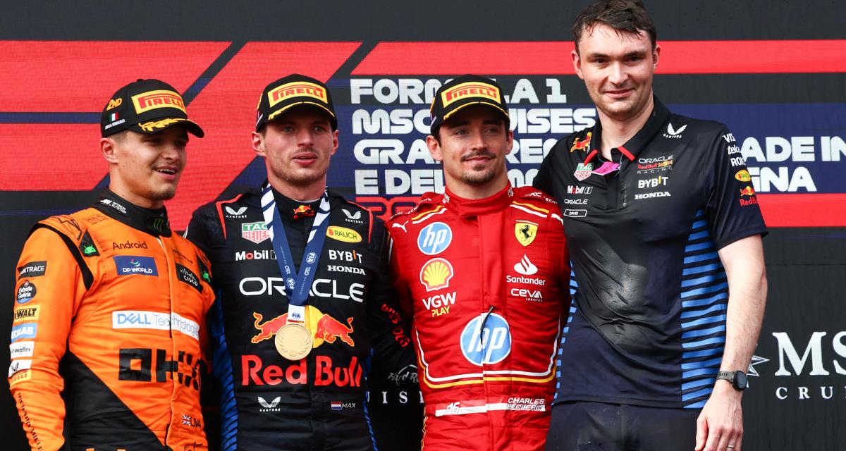 Le podium du Grand Prix d'Emilie-Romagne composé de Lando Norris 2e (McLaren), Max Verstappen 1er (Red Bull) et Charles Leclerc 3e (Ferrari)